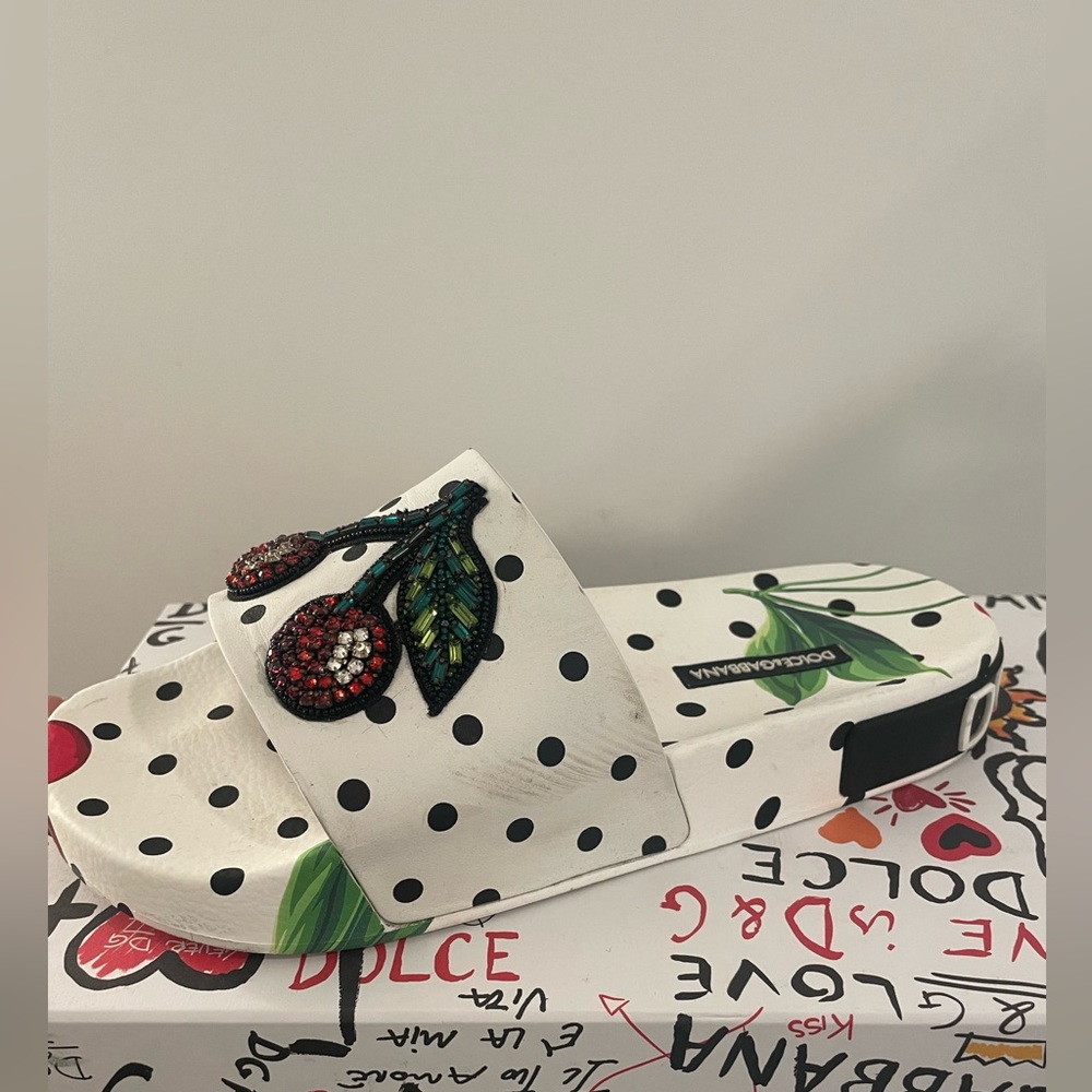 Dolce & Gabbana Cherry and Polka Dot Embellished Pool Slide Sandals